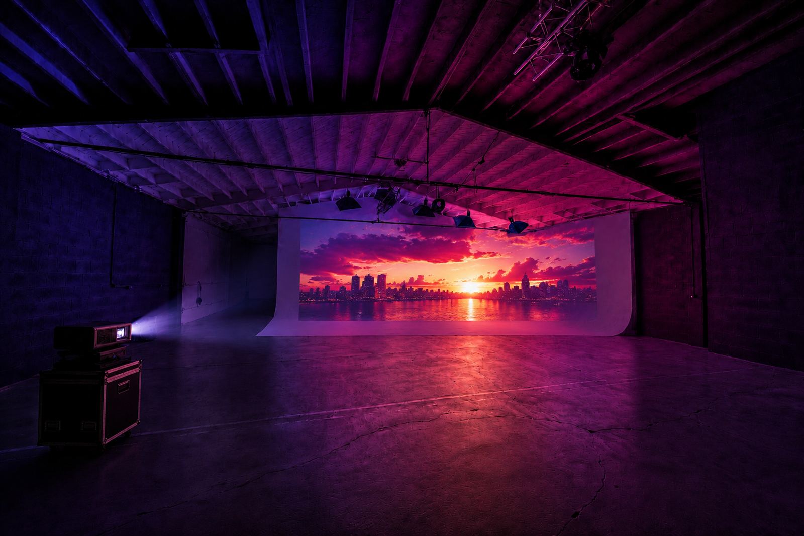 City sunset backdrop projected across the cyc